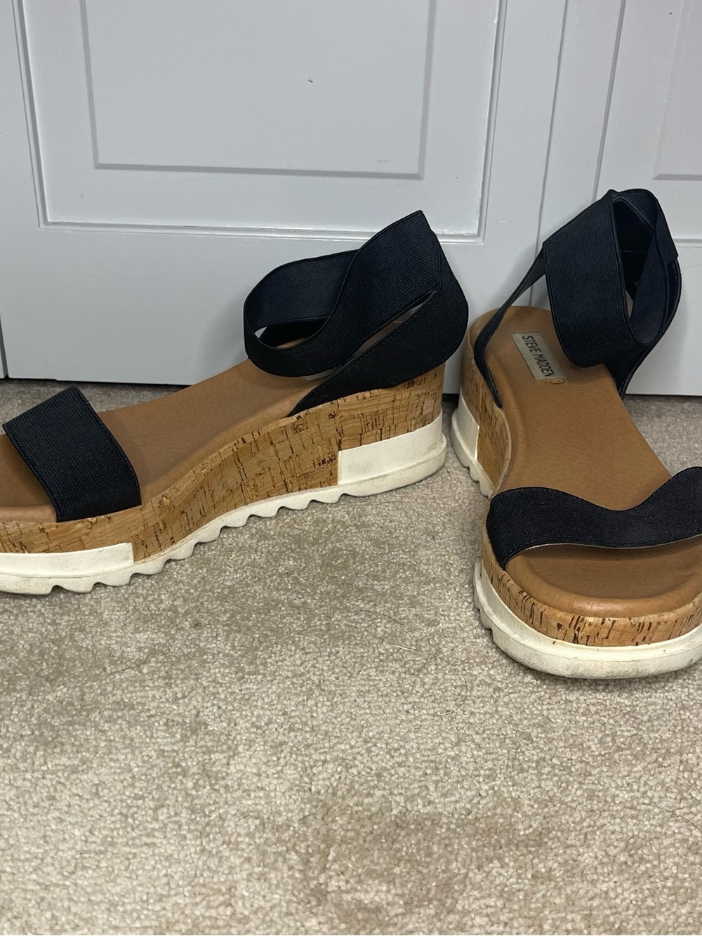 Steve Madden Black Elastic Strap Cork-Platform Sandals - Picture 2 of 6
